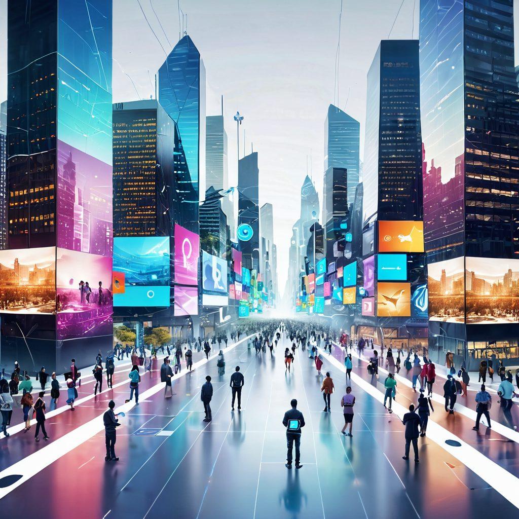 A futuristic cityscape representing the digital landscape, with interconnected screens displaying diverse collaborative content, people of different backgrounds engaging with technology, vibrant digital interfaces and social media icons floating around, symbolizing audience engagement. super-realistic. vibrant colors. white background.
