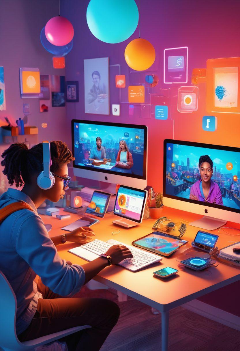 A diverse group of content creators collaborating online, surrounded by vibrant digital tools and devices that represent various content formats like video, blogs, and podcasts. Bright, engaging colors that evoke a sense of energy and community. Include elements like chat bubbles, social media icons, and a glowing globe to symbolize global connection. A modern workspace setting with a sense of unity and creativity. super-realistic. vibrant colors. 3D.