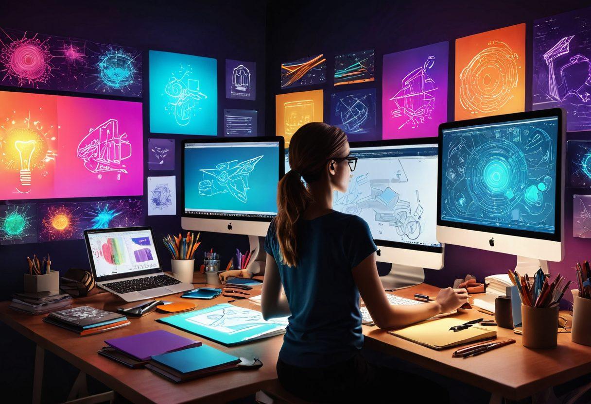 A vibrant digital workspace filled with artistic tools like sketchpads, paintbrushes, and color palettes, surrounded by glowing screens showcasing creativity in action. An inspiring illustration of a person brainstorming at a desk overflowing with innovative ideas and materials, reflecting the transformation of online spaces into a hub of creativity. The background features a dynamic blend of colors symbolizing creativity and energy. super-realistic. vibrant colors. digital art.